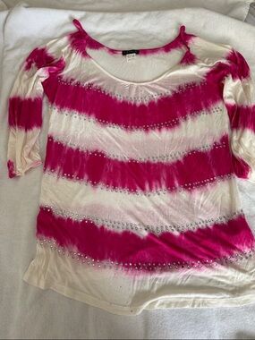 VENUS Hot Pink and White Tie-Dye Scoop Neck Studded Top